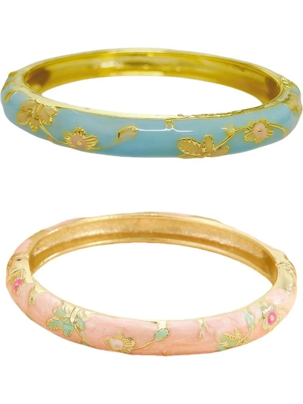 Trendy Cloisonne Flower Enamel Bracelet, Chunky Gold Plated Bangle, Stackable